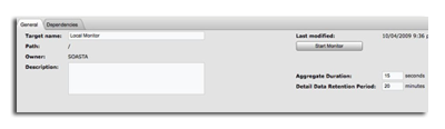 Monitor, General tab with Aggregation Duration and Detail Data Retention Period checkboxes shown