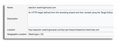 Target Info, Name, Description, Address ( HTTP or WSDL), and Geographic Location fields